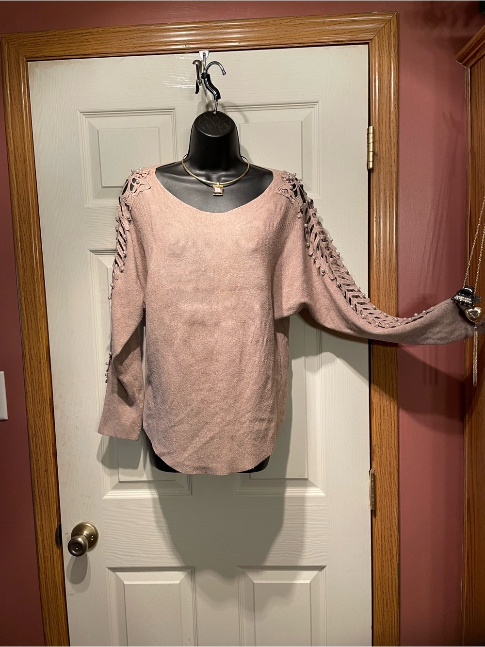 Lattice-Sleeve Knit Top in tan